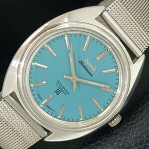 Vintage 1988 HMT Manual Wound Mens Silver Watch & Blue accents